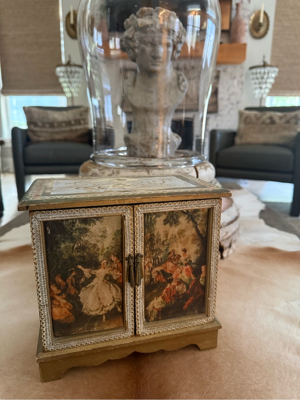 Vintage Gold Decorative Jewelry Box Chest with  Renaissance Style Art Panels